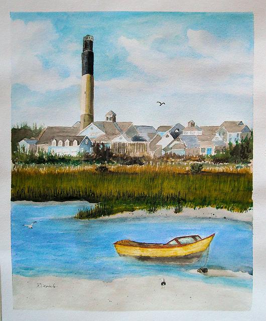 Oak Island.jpg - "Oak Island", watercolor (a view of the lighthouse by boat near the Coast Guard inlet)